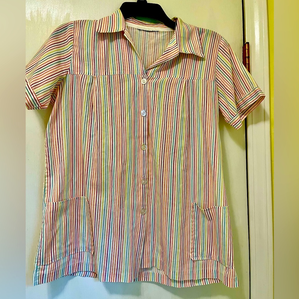 Vintage 70s 80s Rainbow Pride multicolor Stripe Button Blouse pockets Size Med